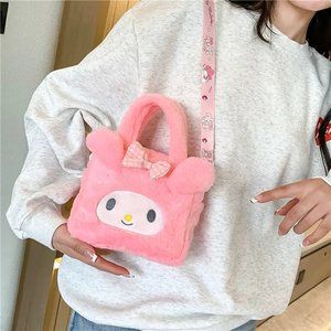 Crossbody My Melody Plush Bag Purse w/ Strap Sanrio Fuzzy Hello Kitty Trendy NEW